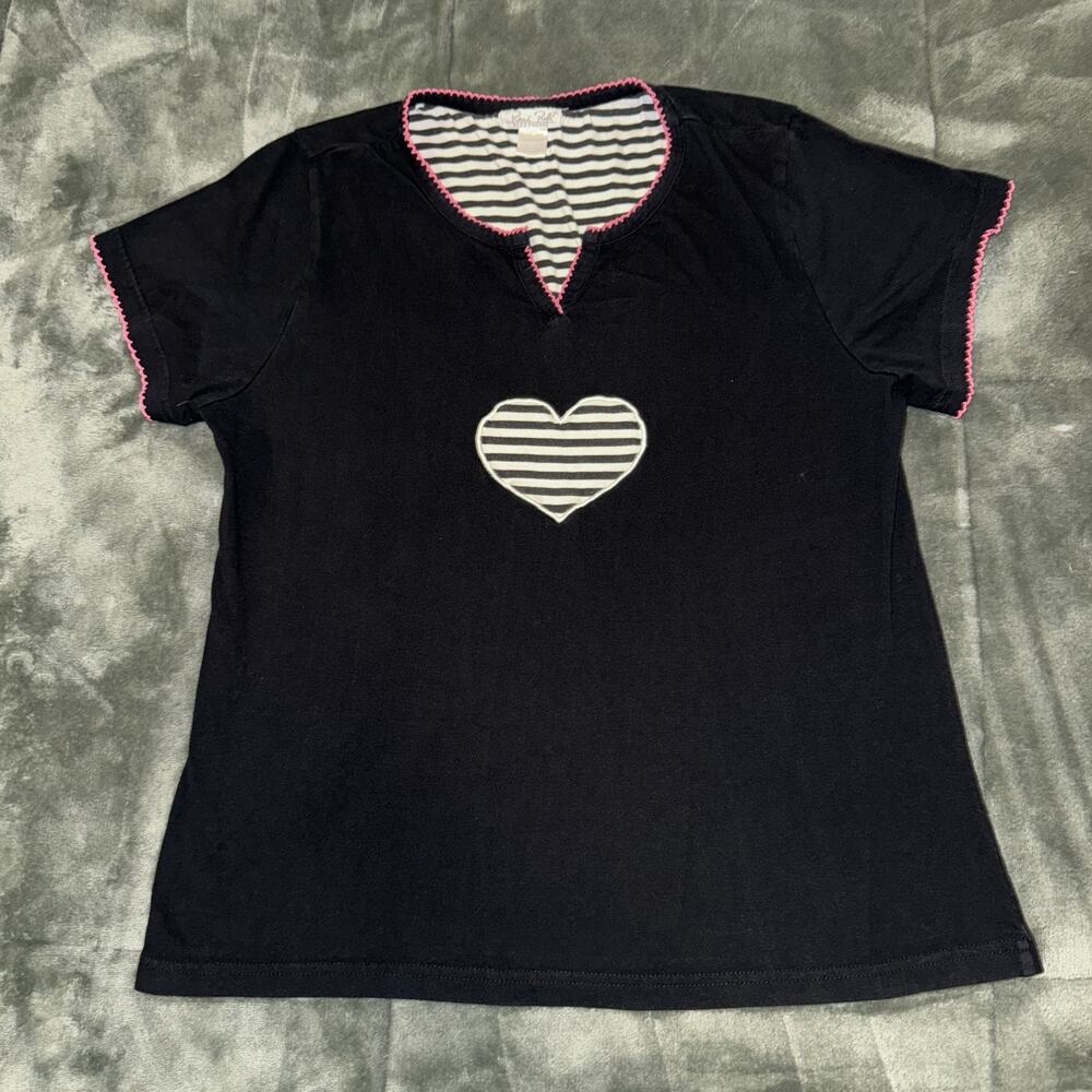 Rene Rofe T-Shirt Women Large Black Heart Short Sleeve Sleepwear Zebra Y2K